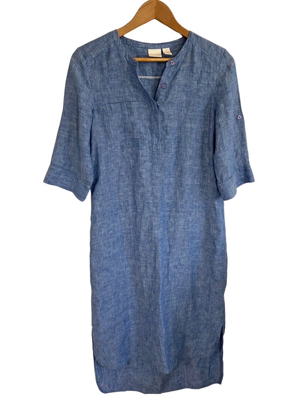 Chico’s 100% Linen Shirt Dress Blue Roll Tab Sleeve Women’s 0/S